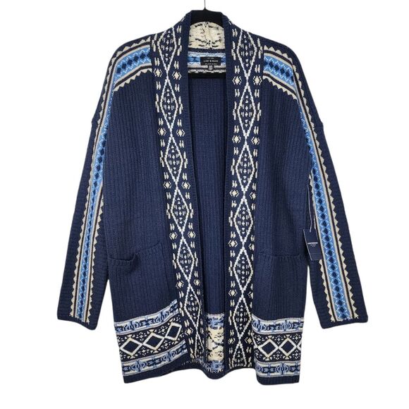 Lucky Brand Navy Blue Ethnic Pattern Cardigan Open Front Sweater Pockets  M - Picture 1 of 15